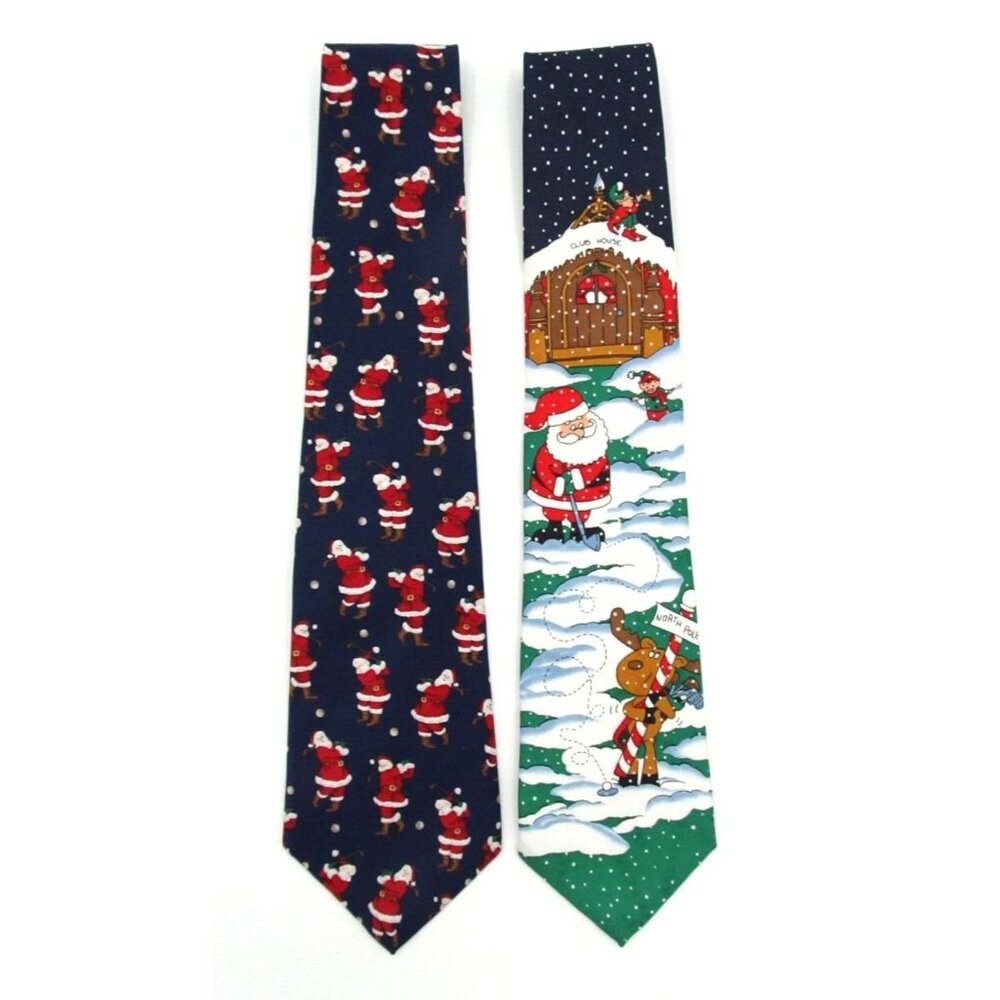 Lot of 2 Vintage 90s Mens Neckties Wide Classic Santa Golfing Hallmark Christmas